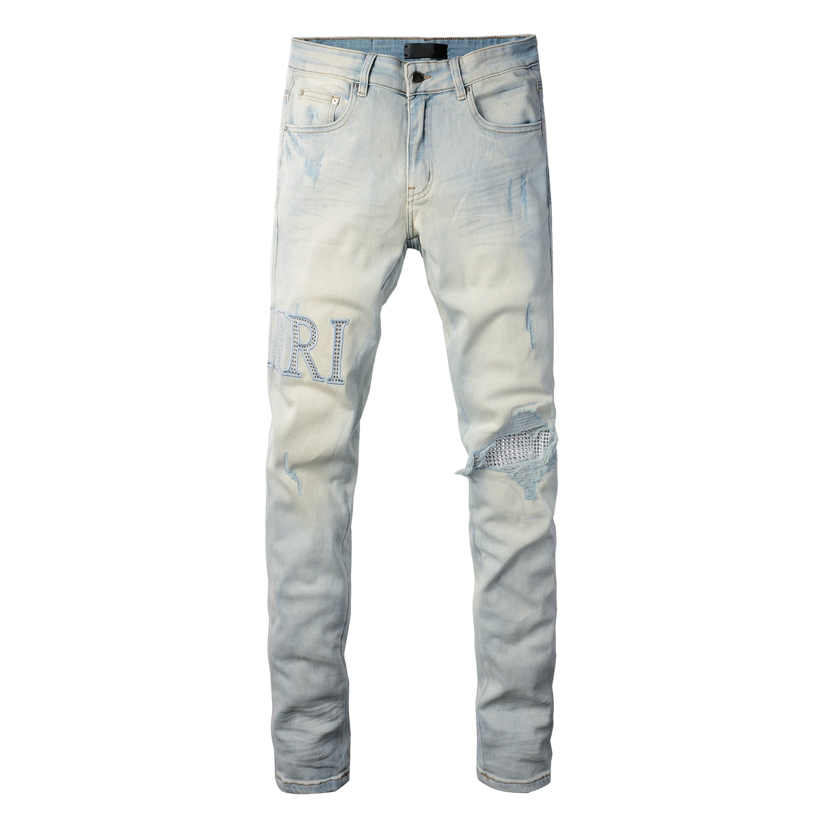 Washed Slim Fit Denim for Men Featuring Minimal Letter Patch and Mesh Layered Rip for Trendy Streetwear 8818-1