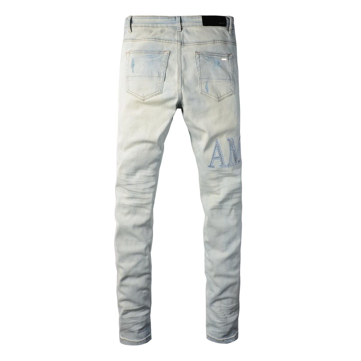 Washed Slim Fit Denim for Men Featuring Minimal Letter Patch and Mesh Layered Rip for Trendy Streetwear 8818-1