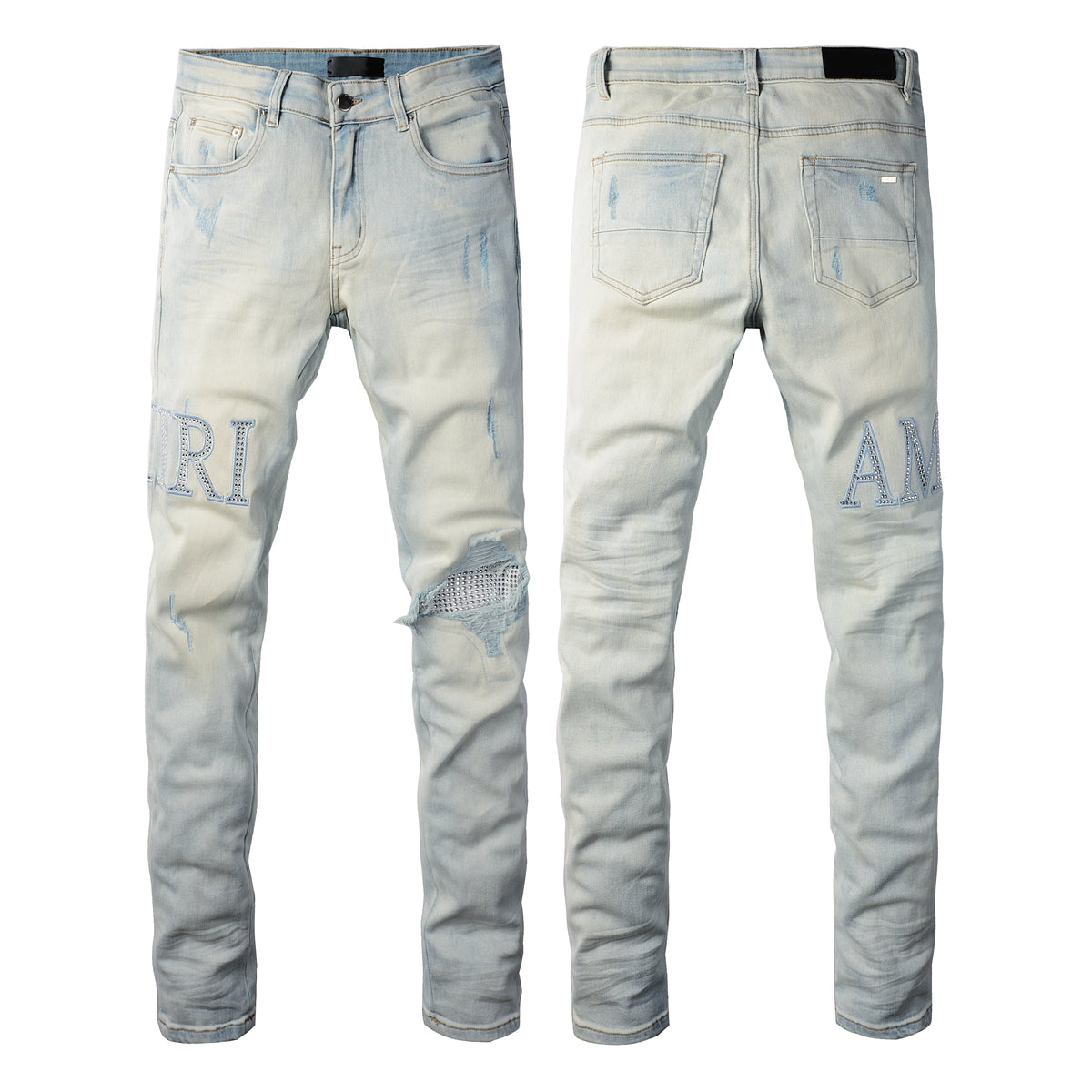 Washed Slim Fit Denim for Men Featuring Minimal Letter Patch and Mesh Layered Rip for Trendy Streetwear 8818-1
