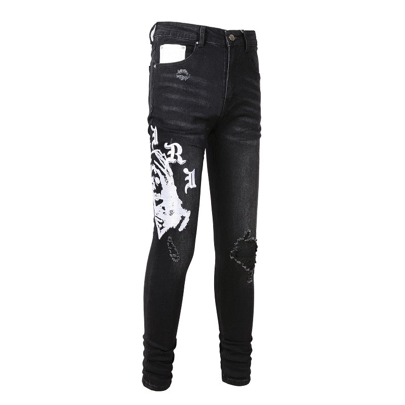 Men’s Black Skinny Jeans with Gothic Letter Print, Artistic White Graphics and Distressed Details for Streetwear Style 881