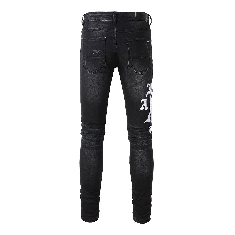 Men’s Black Skinny Jeans with Gothic Letter Print, Artistic White Graphics and Distressed Details for Streetwear Style 881