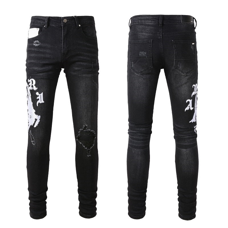 Men’s Black Skinny Jeans with Gothic Letter Print, Artistic White Graphics and Distressed Details for Streetwear Style 881