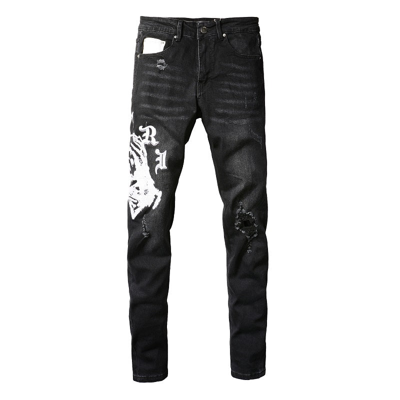 Men’s Black Skinny Jeans with Gothic Letter Print, Artistic White Graphics and Distressed Details for Streetwear Style 881