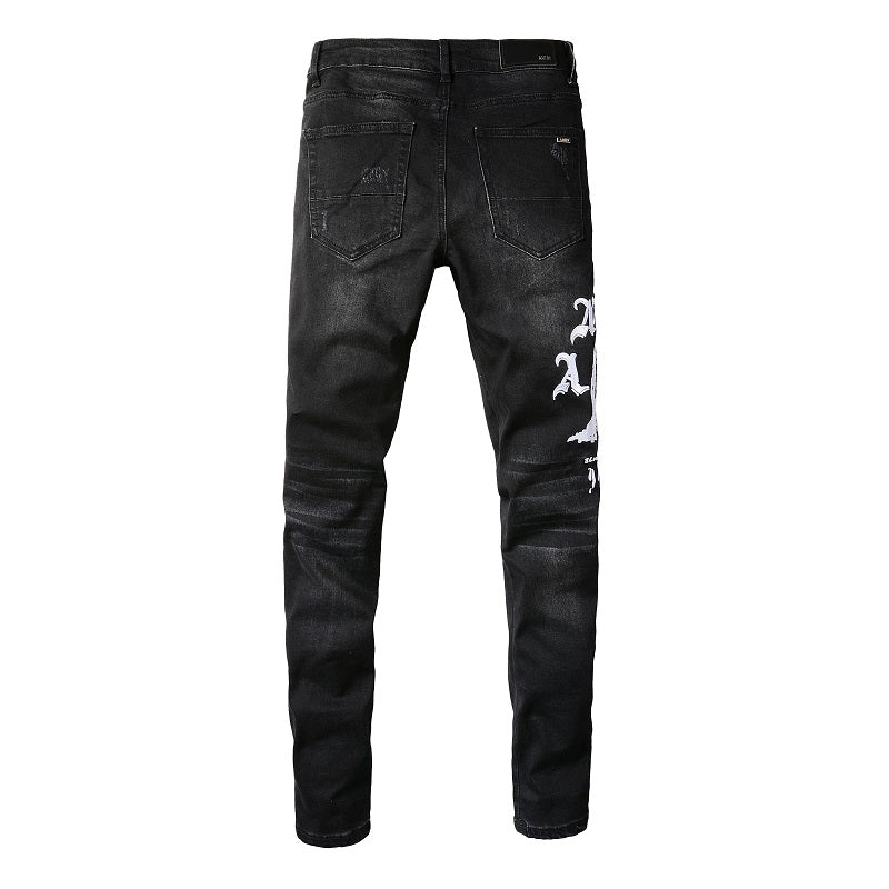 Men’s Black Skinny Jeans with Gothic Letter Print, Artistic White Graphics and Distressed Details for Streetwear Style 881