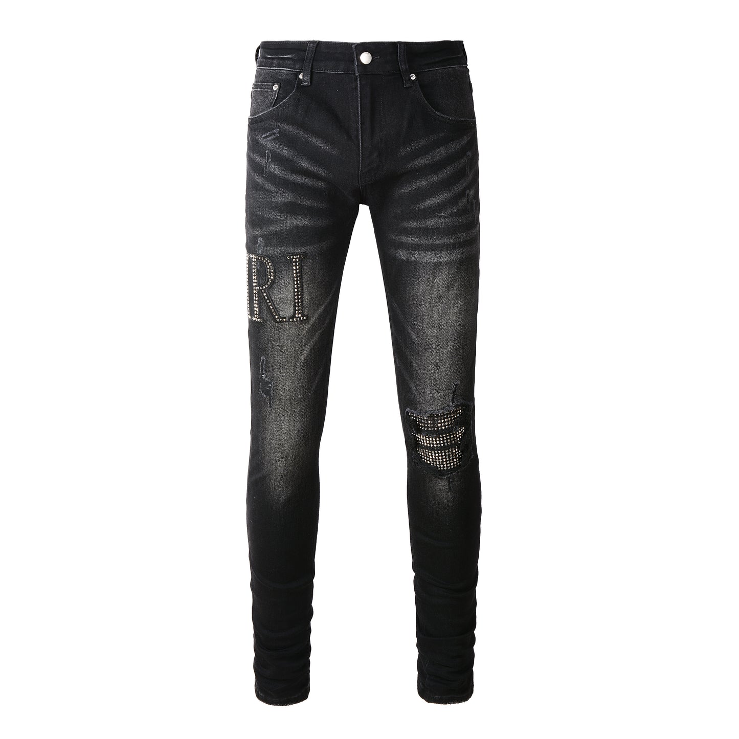 Rock-Inspired Distressed Black Jeans for Men Featuring Metallic Stud Lettering and Bold Torn Details 8823