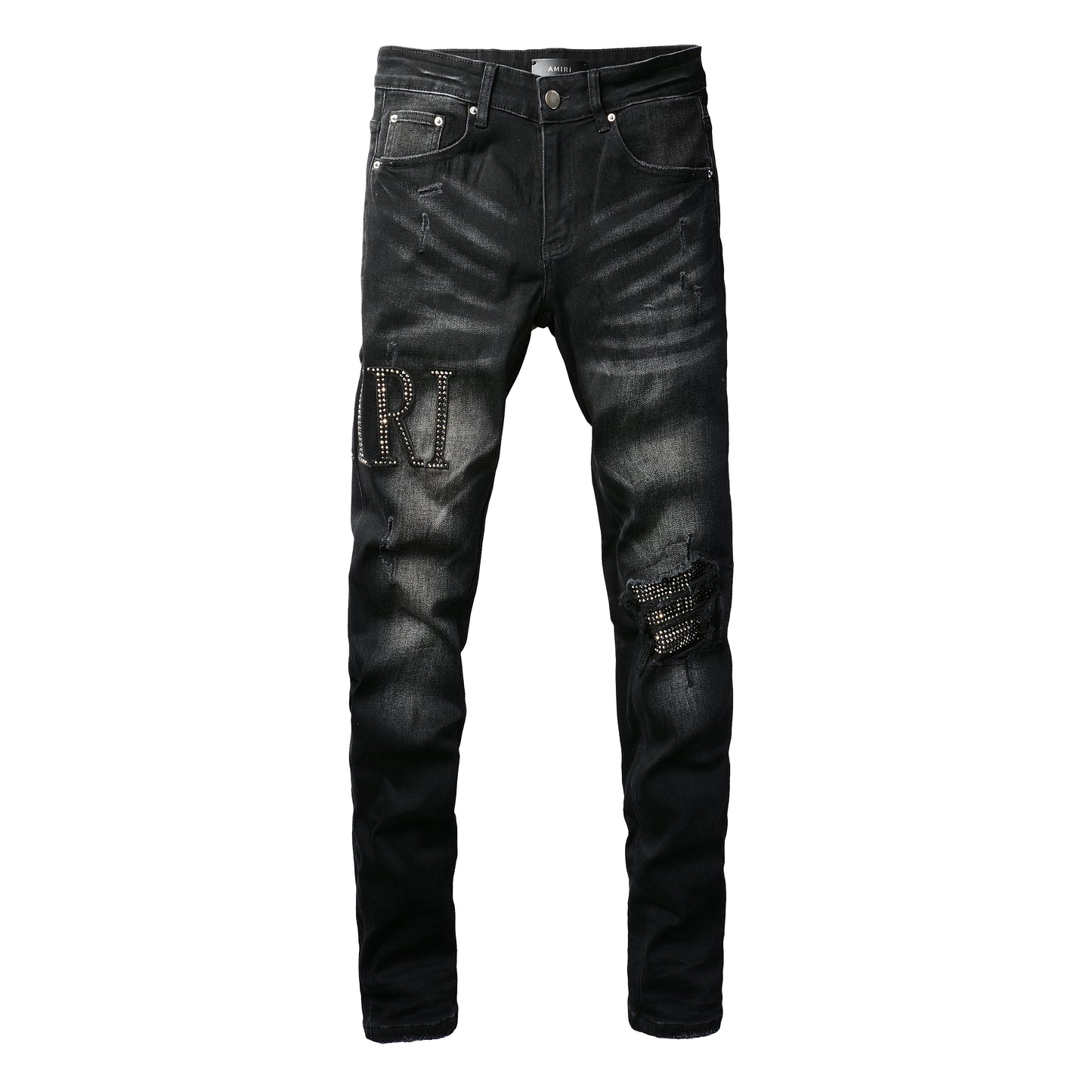 Rock-Inspired Distressed Black Jeans for Men Featuring Metallic Stud Lettering and Bold Torn Details 8823