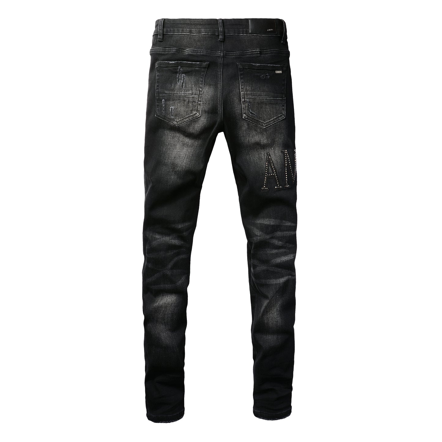 Rock-Inspired Distressed Black Jeans for Men Featuring Metallic Stud Lettering and Bold Torn Details 8823