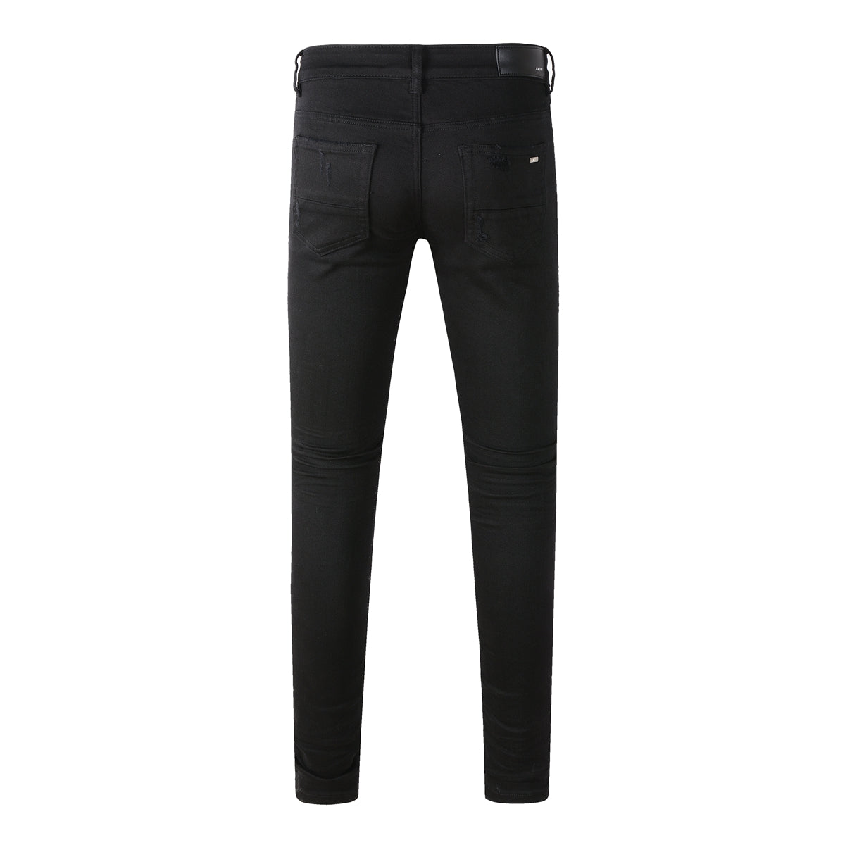 Men’s Black Ripped Skinny Jeans with Bold White Contrast Patchwork and Frayed Knee Design for Street Style (877-8837)