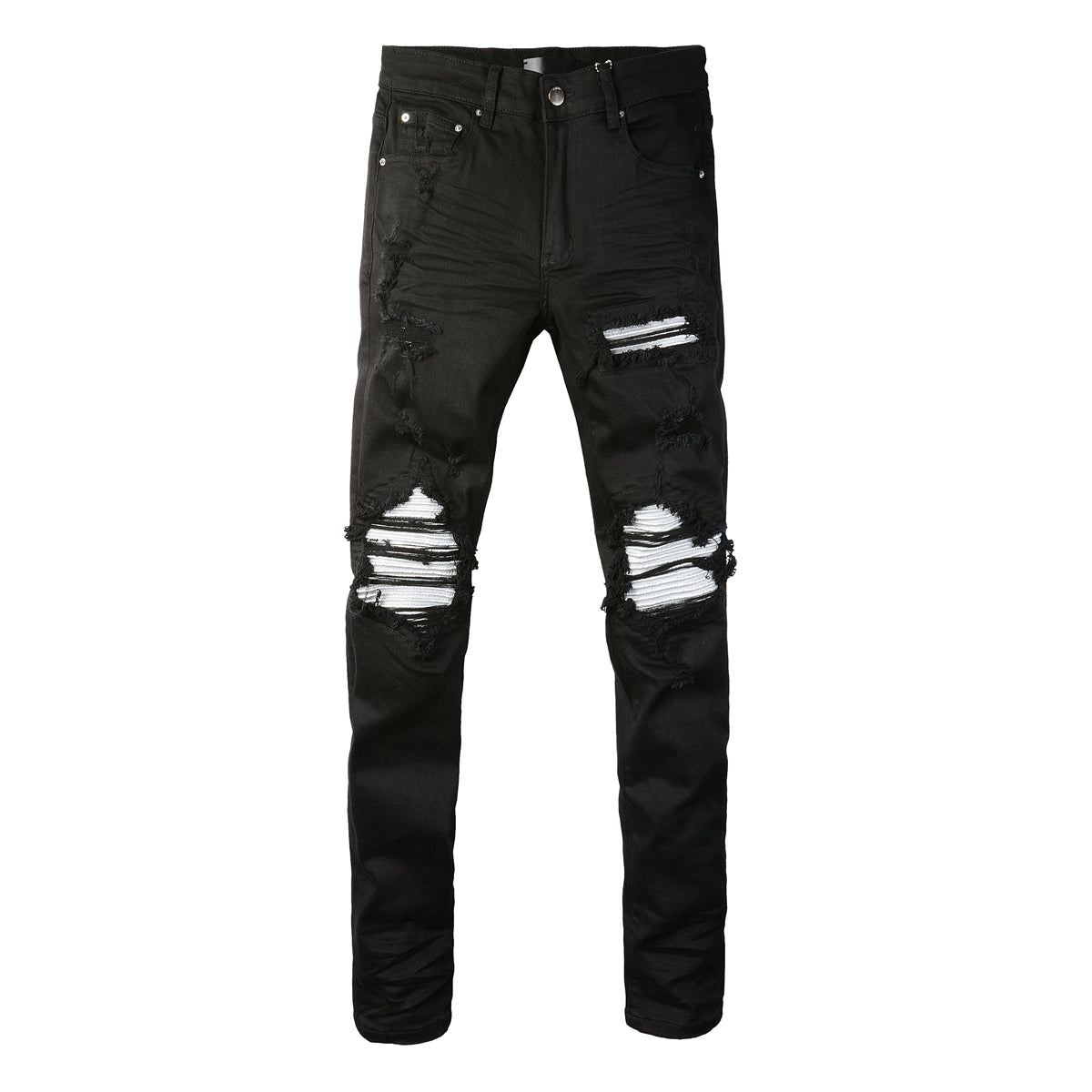 Men’s Black Ripped Skinny Jeans with Bold White Contrast Patchwork and Frayed Knee Design for Street Style (877-8837)