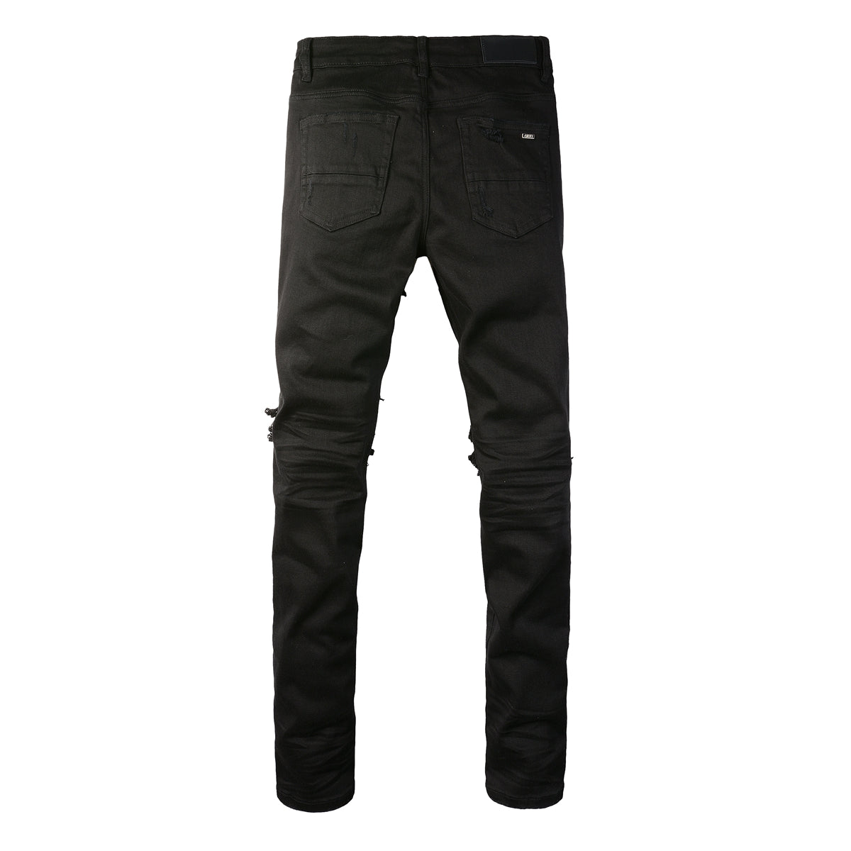 Men’s Black Ripped Skinny Jeans with Bold White Contrast Patchwork and Frayed Knee Design for Street Style (877-8837)