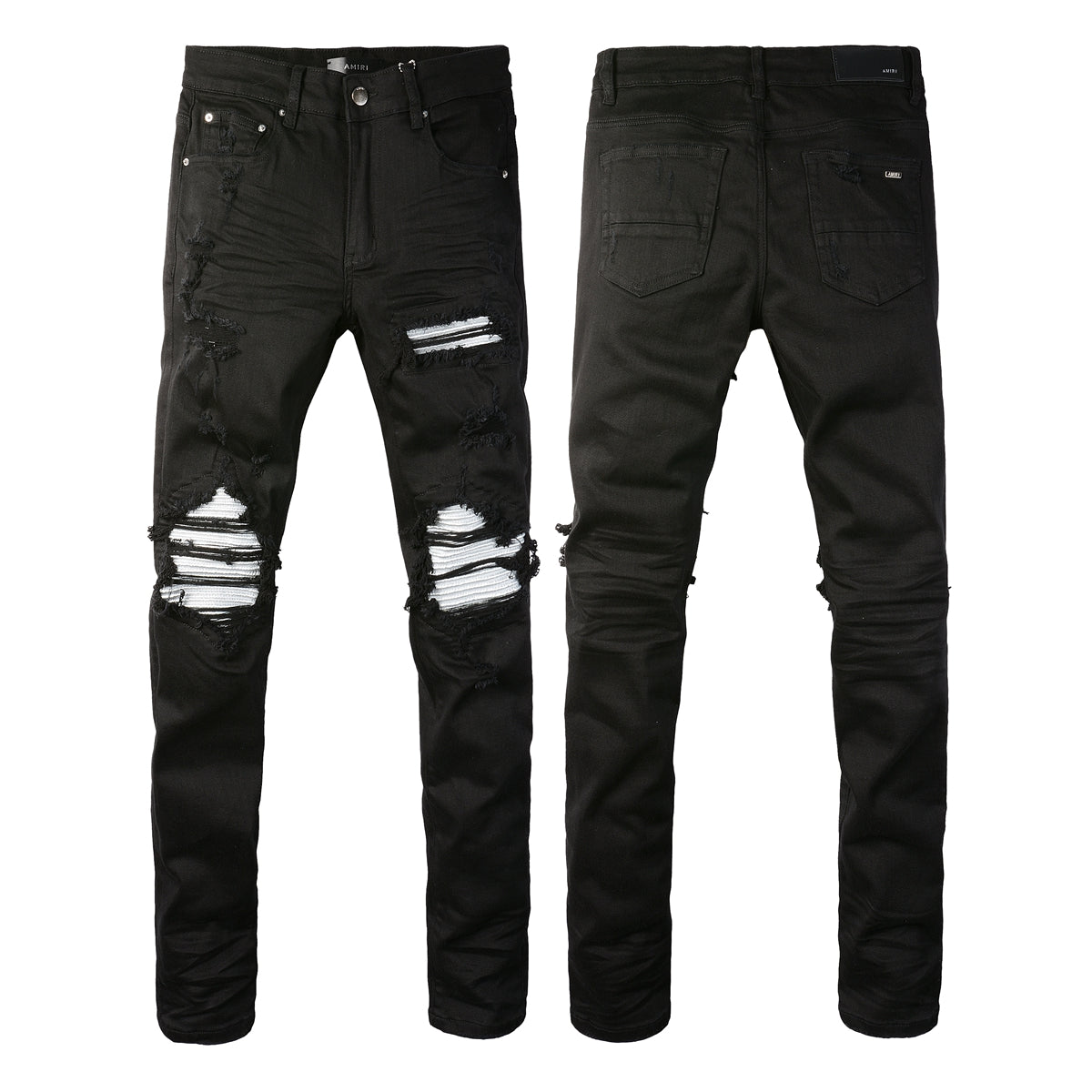 Men’s Black Ripped Skinny Jeans with Bold White Contrast Patchwork and Frayed Knee Design for Street Style (877-8837)