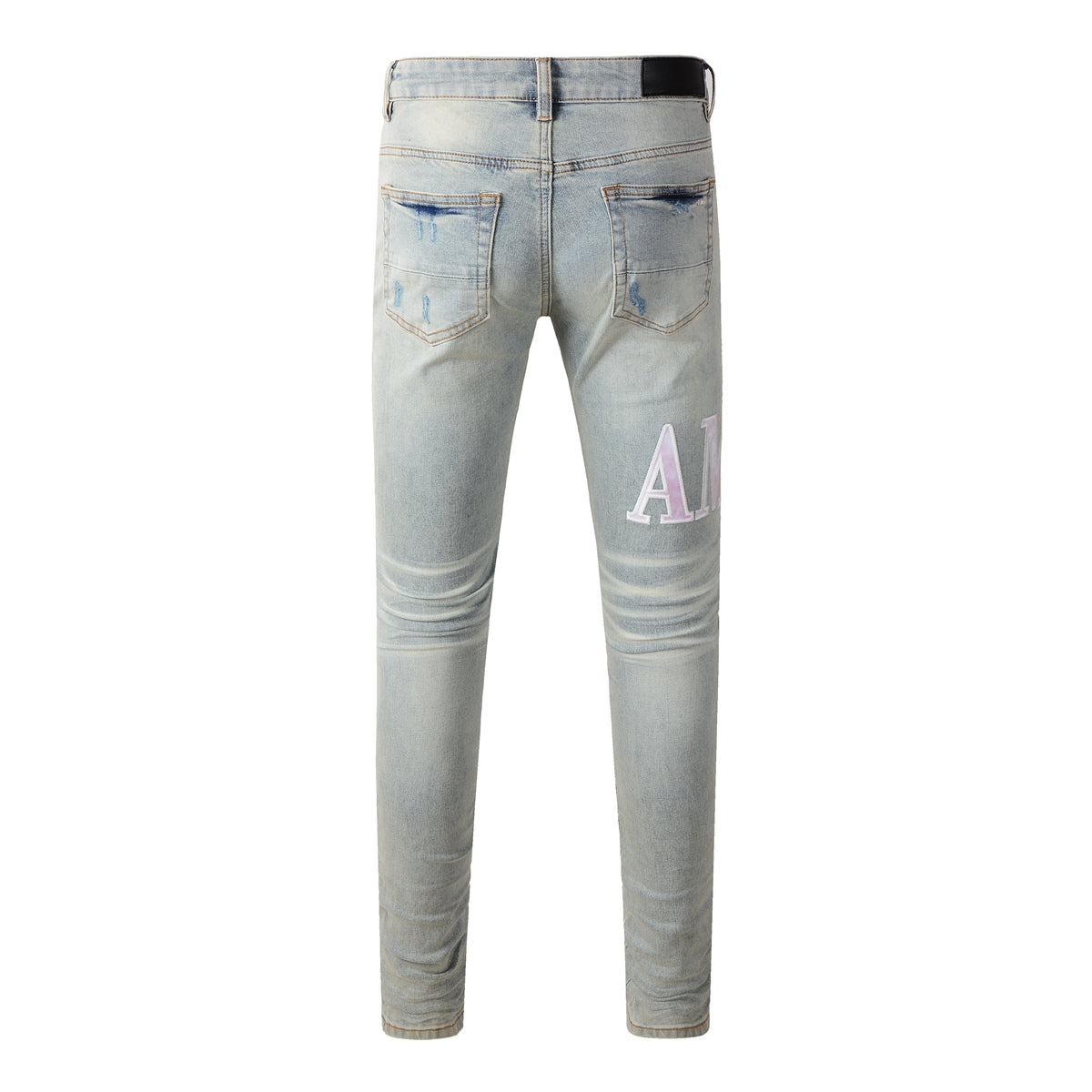 Men’s Light Blue Ripped Skinny Jeans with Pink Contrast Patchwork and Washed Gradient Effect 8885