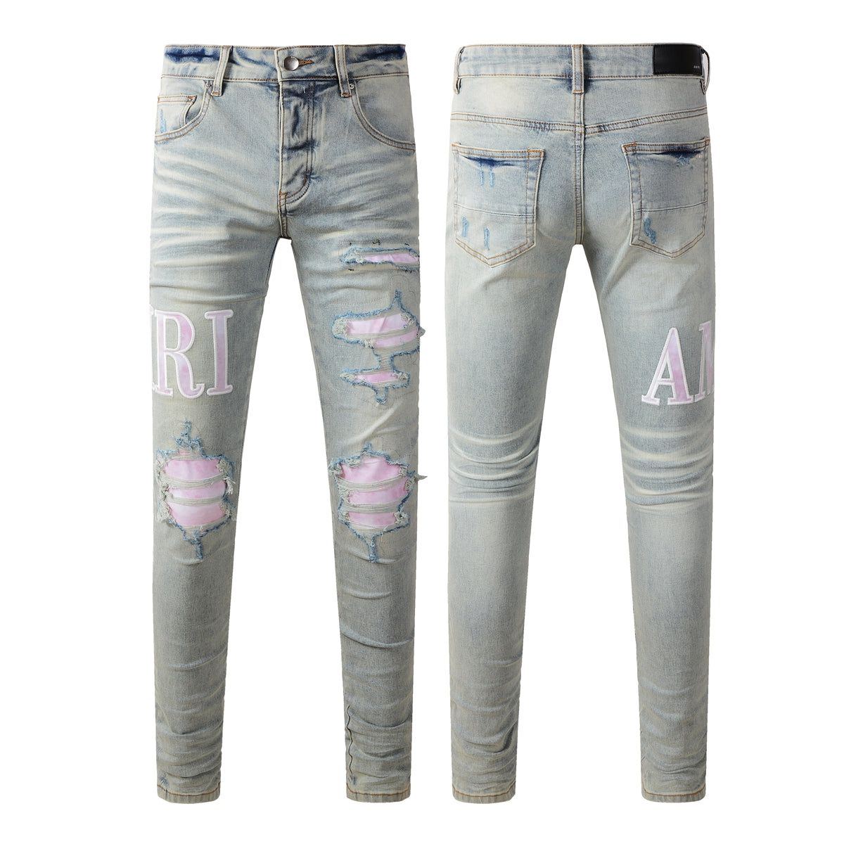 Men’s Light Blue Ripped Skinny Jeans with Pink Contrast Patchwork and Washed Gradient Effect 8885