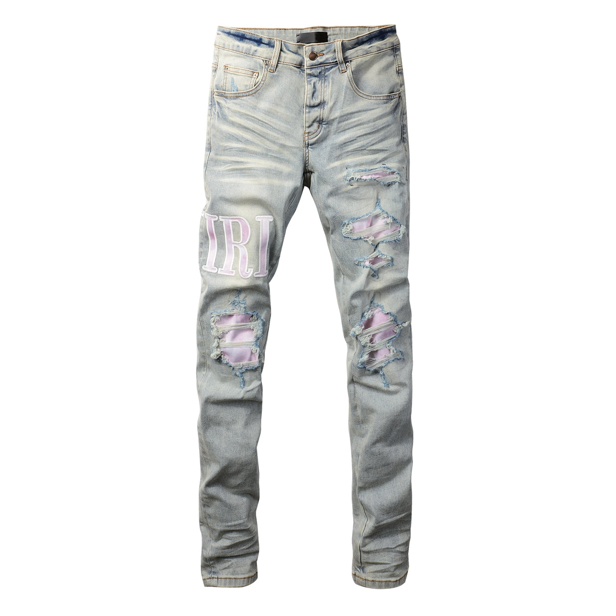 Men’s Light Blue Ripped Skinny Jeans with Pink Contrast Patchwork and Washed Gradient Effect 8885