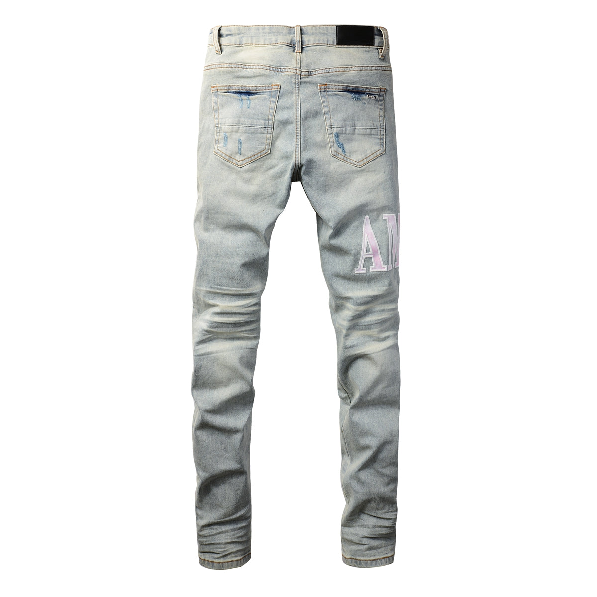 Men’s Light Blue Ripped Skinny Jeans with Pink Contrast Patchwork and Washed Gradient Effect 8885
