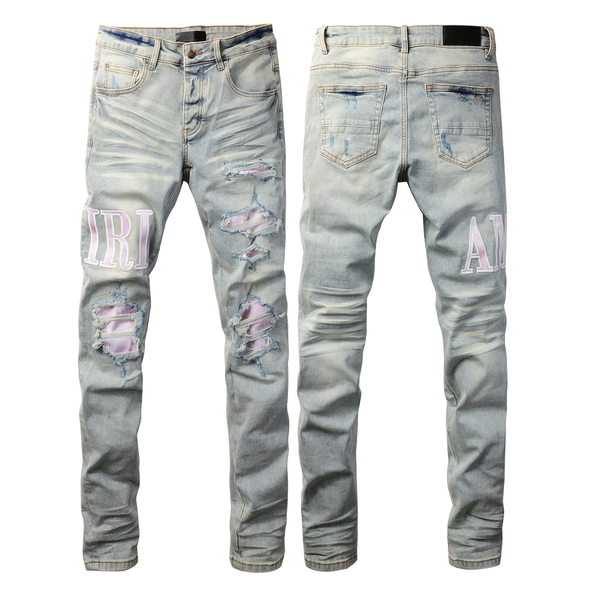 Men’s Light Blue Ripped Skinny Jeans with Pink Contrast Patchwork and Washed Gradient Effect 8885