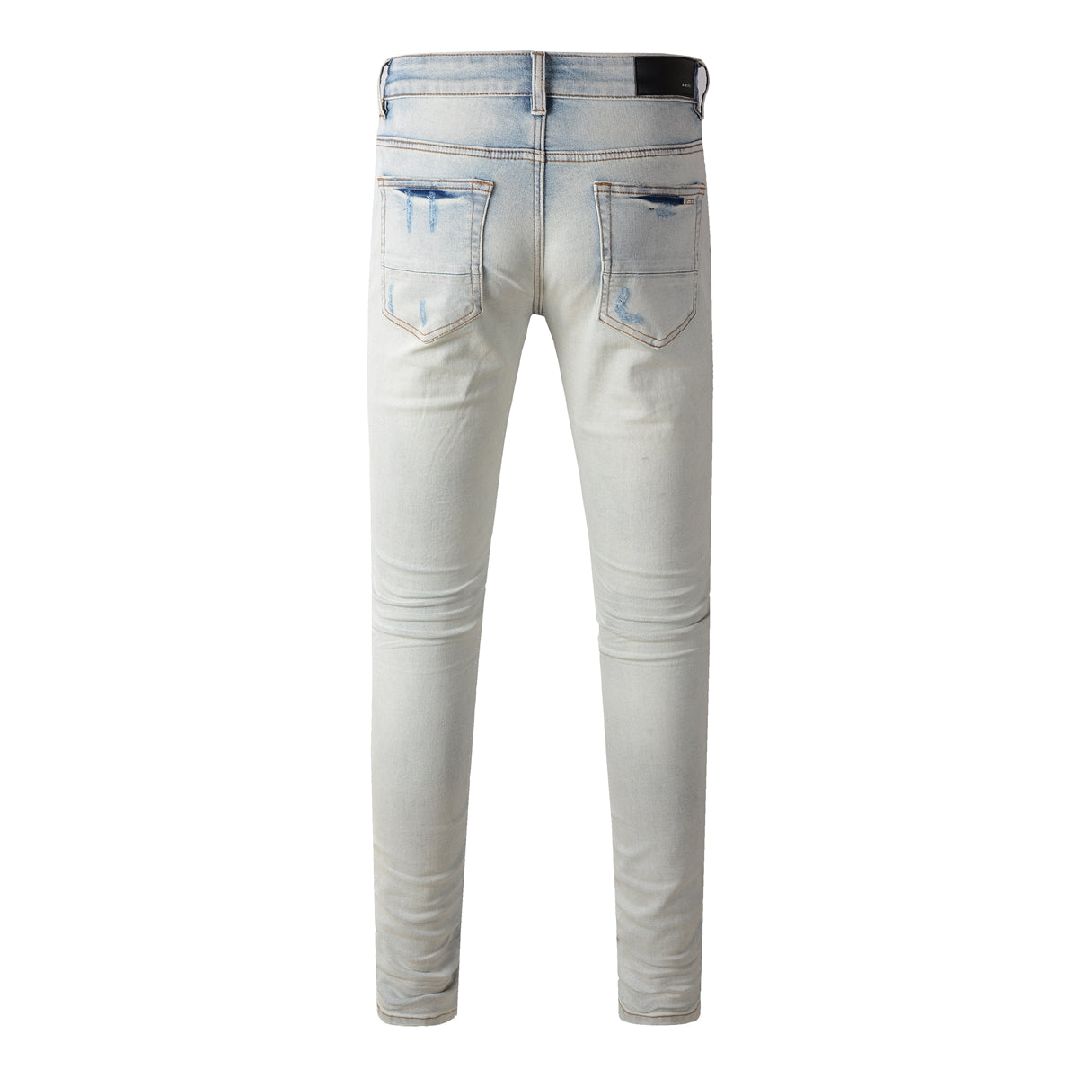Men’s Light Grey Blue Ripped Jeans with Red Patch Design 8887