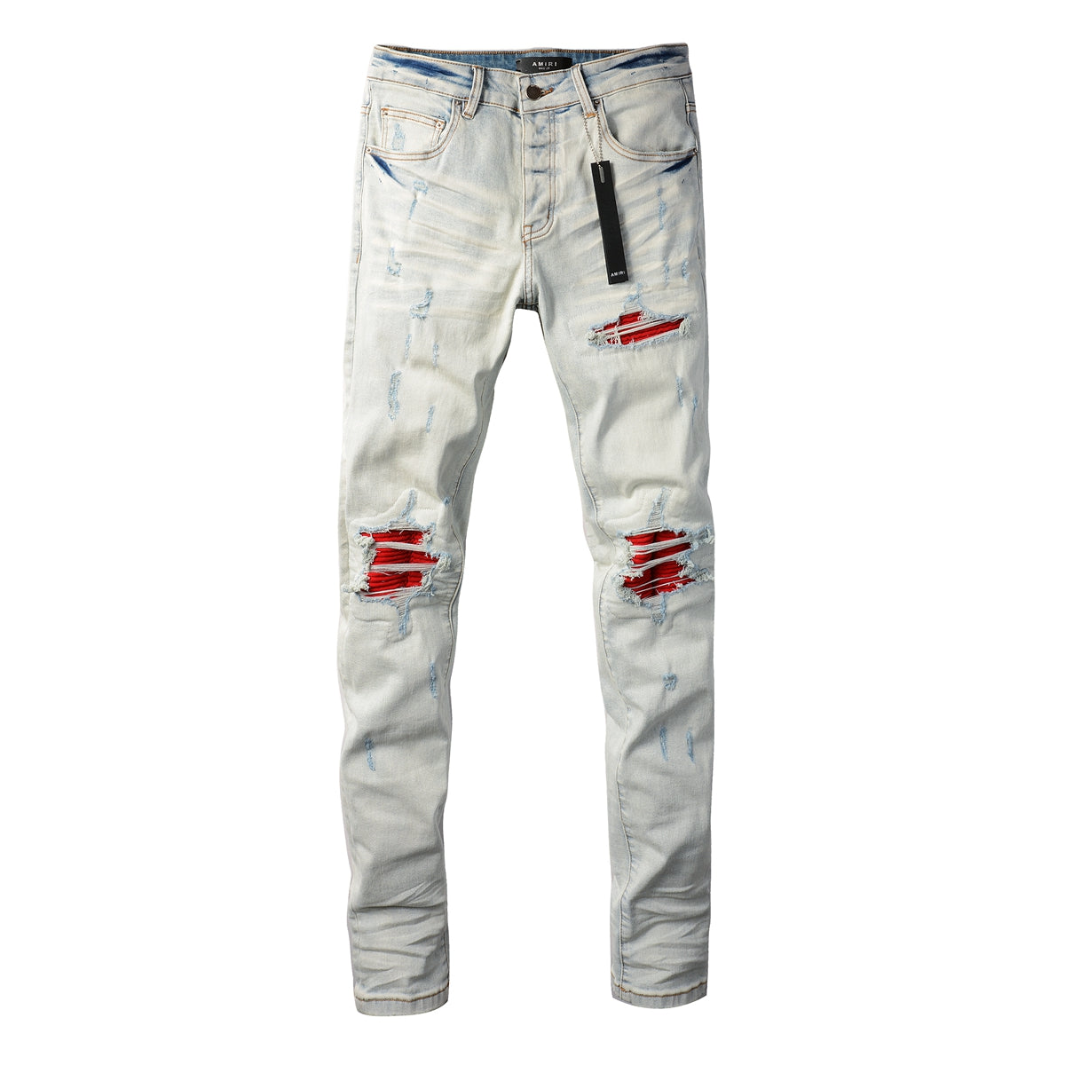 Men’s Light Grey Blue Ripped Jeans with Red Patch Design 8887