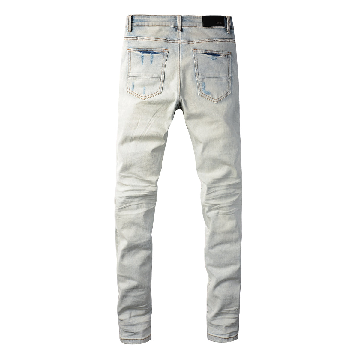 Men’s Light Grey Blue Ripped Jeans with Red Patch Design 8887