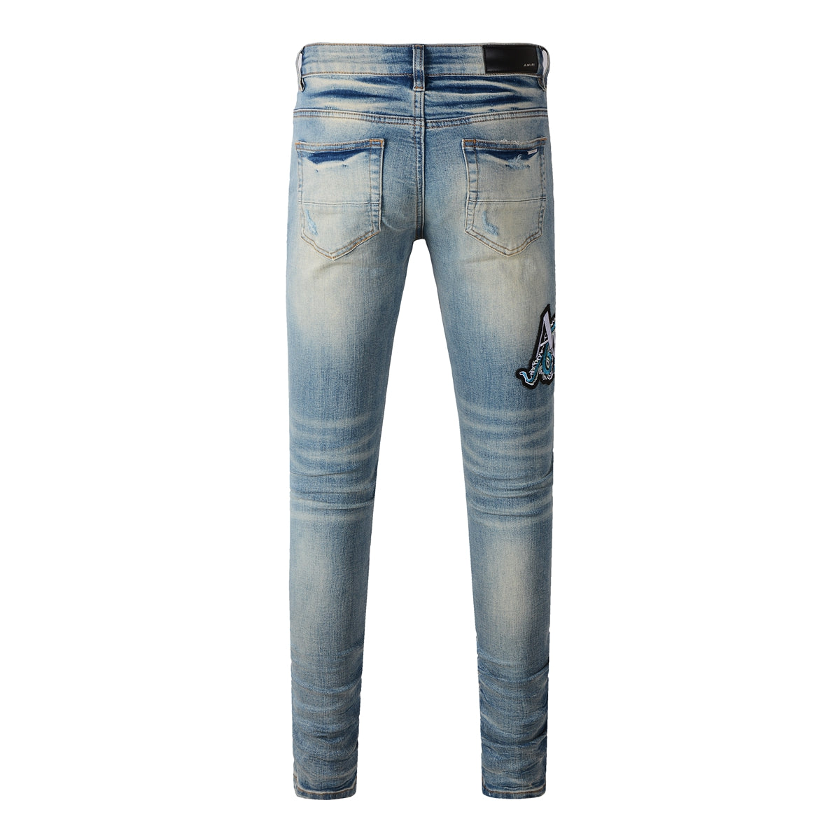 Men’s Light Blue Ripped Skinny Jeans with Embroidered Patch and Contrast Stripe Layering 8897