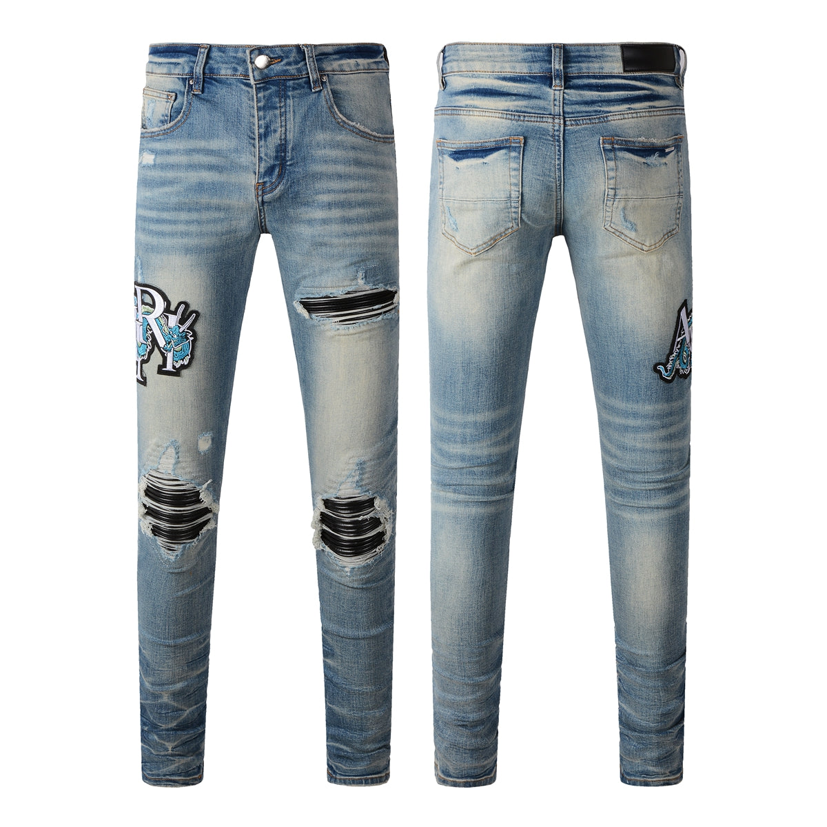 Men’s Light Blue Ripped Skinny Jeans with Embroidered Patch and Contrast Stripe Layering 8897