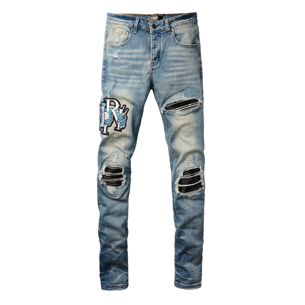 Men’s Light Blue Ripped Skinny Jeans with Embroidered Patch and Contrast Stripe Layering 8897