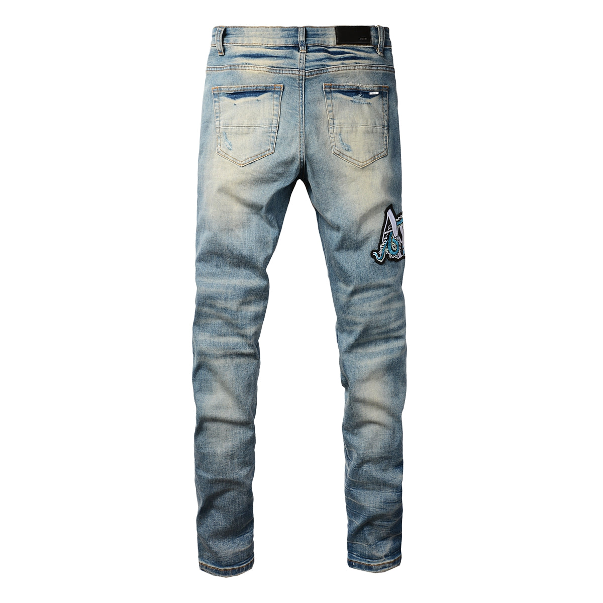 Men’s Light Blue Ripped Skinny Jeans with Embroidered Patch and Contrast Stripe Layering 8897