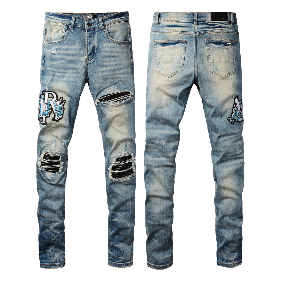 Men’s Light Blue Ripped Skinny Jeans with Embroidered Patch and Contrast Stripe Layering 8897
