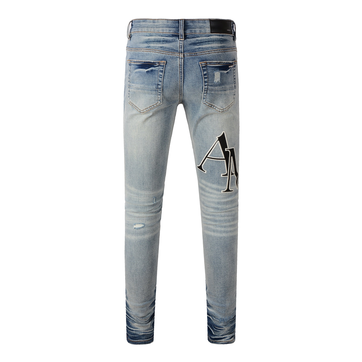 Men’s Light Blue Skinny Jeans with Heavy Distressing and Gradient Washed Hem Design 8898