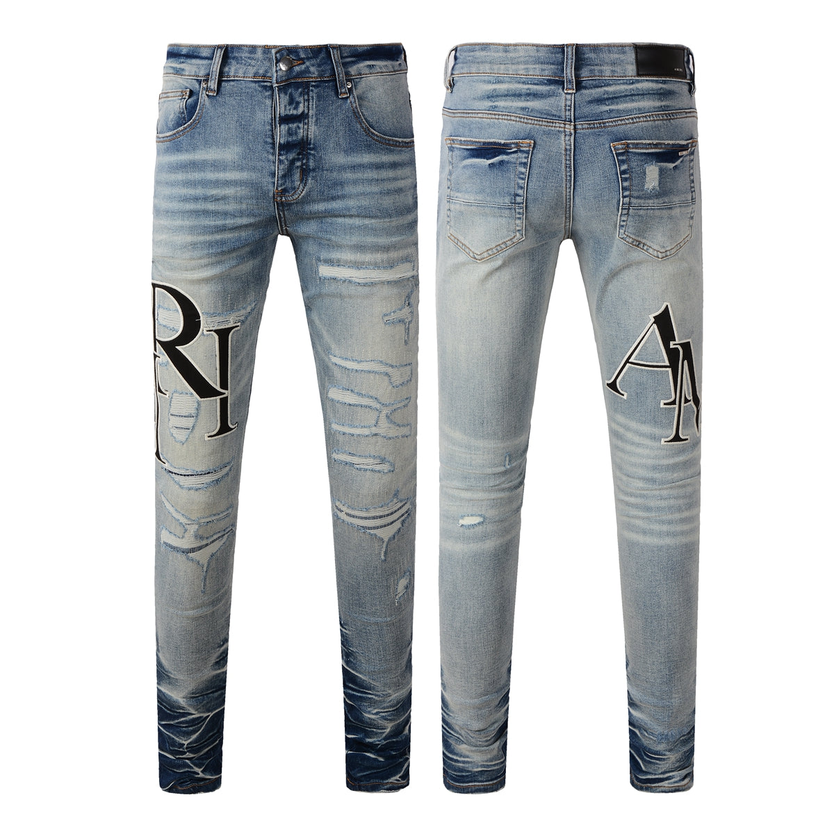 Men’s Light Blue Skinny Jeans with Heavy Distressing and Gradient Washed Hem Design 8898