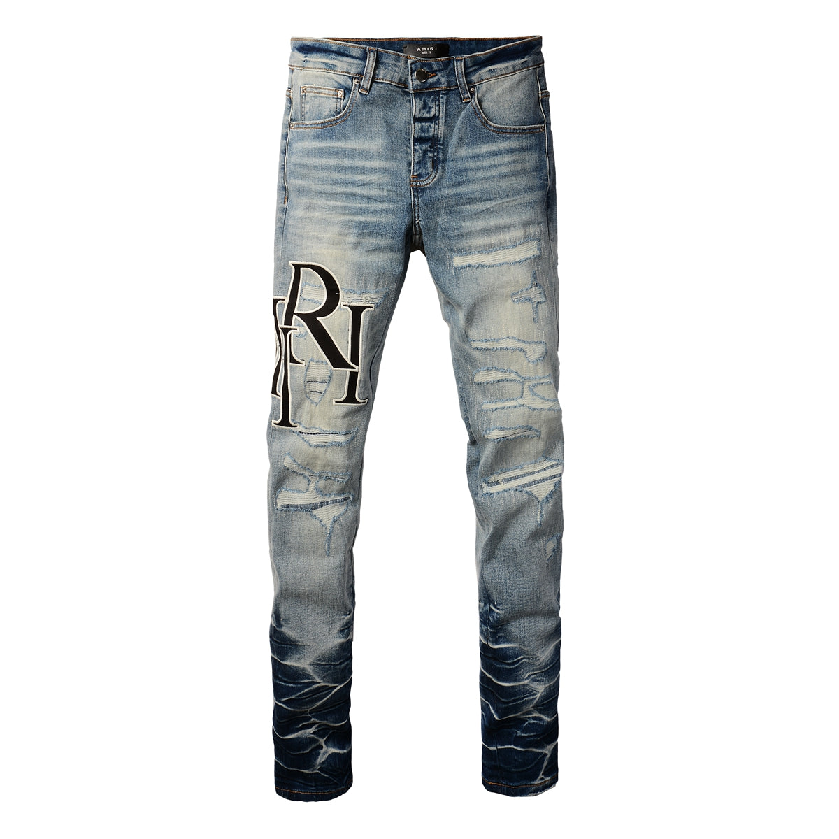 Men’s Light Blue Skinny Jeans with Heavy Distressing and Gradient Washed Hem Design 8898