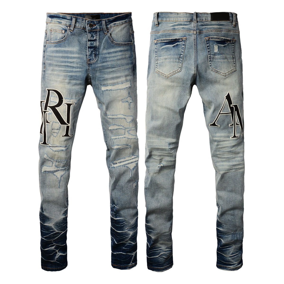 Men’s Light Blue Skinny Jeans with Heavy Distressing and Gradient Washed Hem Design 8898
