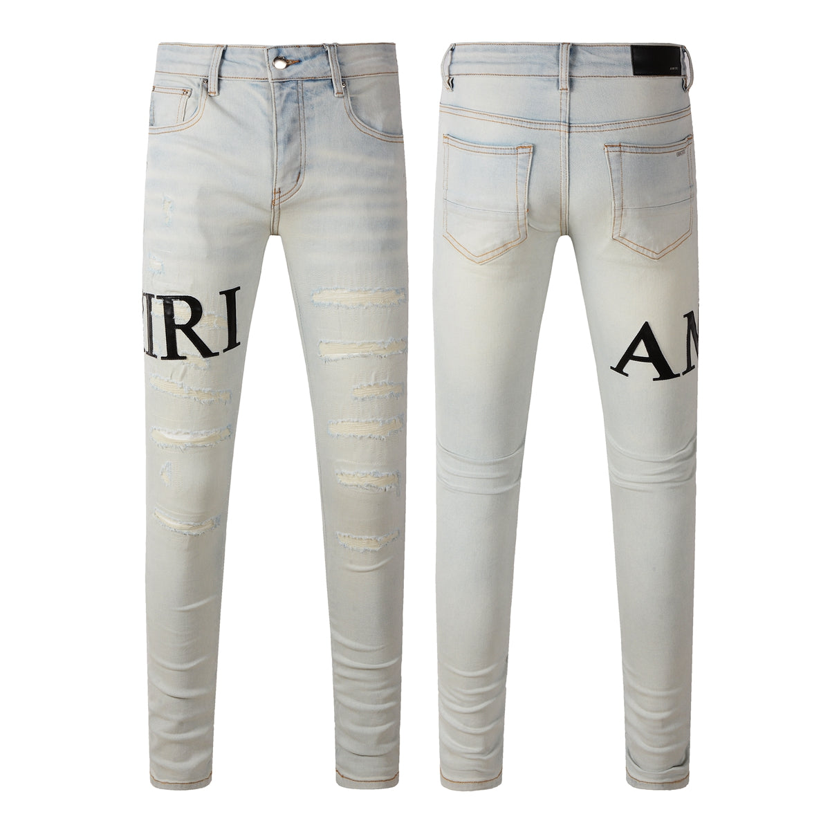 Men’s Light Wash Skinny Jeans with Bold Letter Print and Distressed Detailing 8900