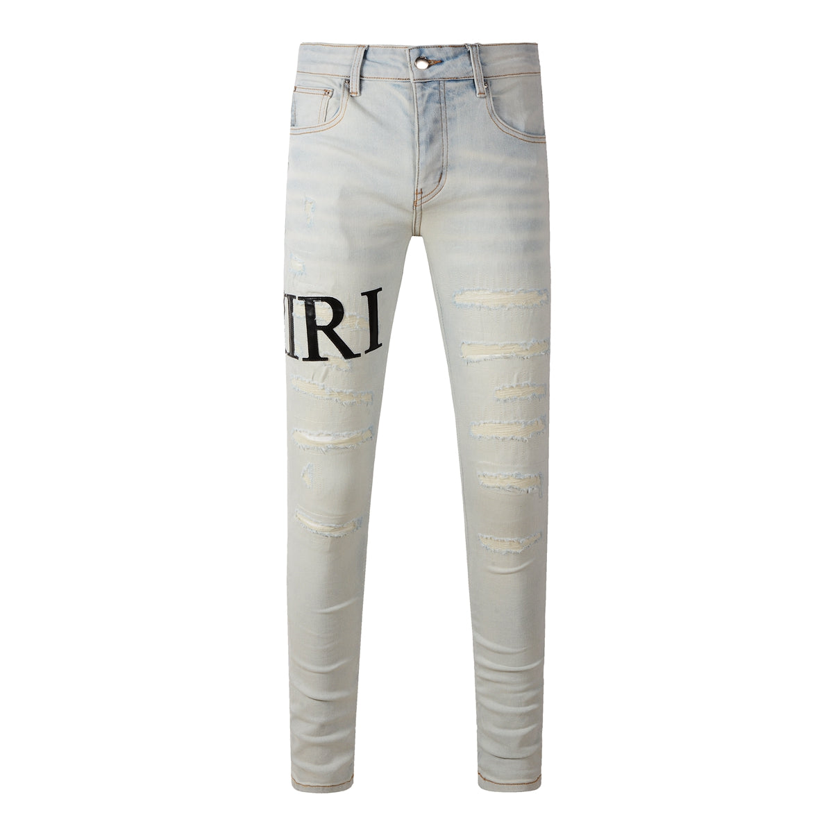 Men’s Light Wash Skinny Jeans with Bold Letter Print and Distressed Detailing 8900