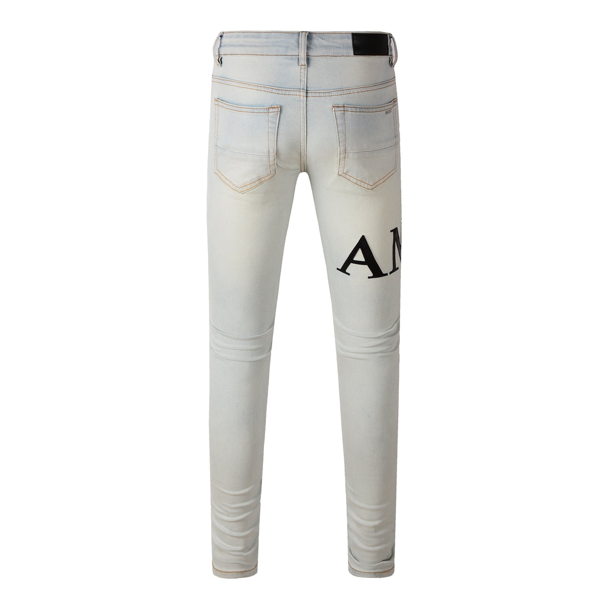 Men’s Light Wash Skinny Jeans with Bold Letter Print and Distressed Detailing 8900