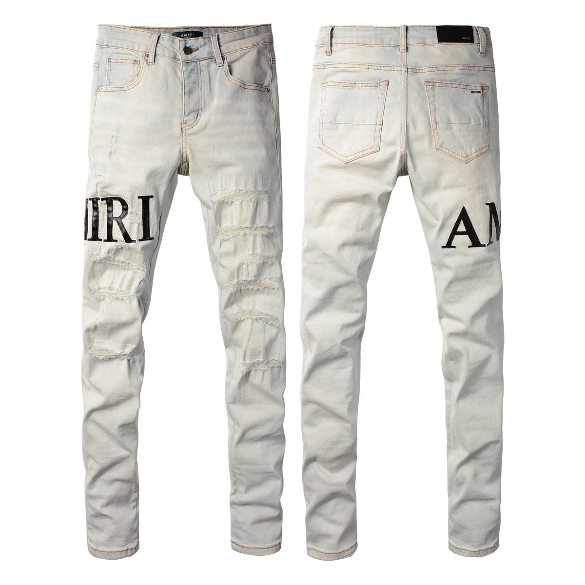 Men’s Light Wash Skinny Jeans with Bold Letter Print and Distressed Detailing 8900