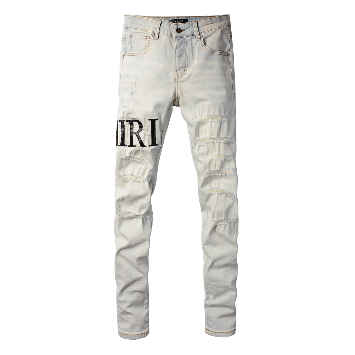 Men’s Light Wash Skinny Jeans with Bold Letter Print and Distressed Detailing 8900