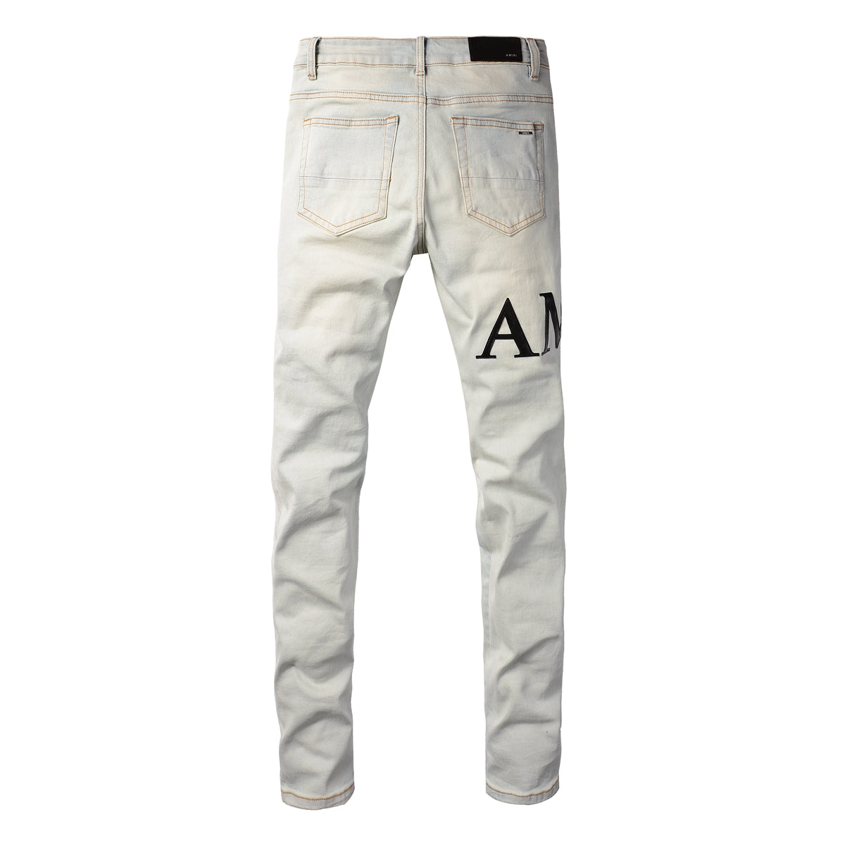 Men’s Light Wash Skinny Jeans with Bold Letter Print and Distressed Detailing 8900