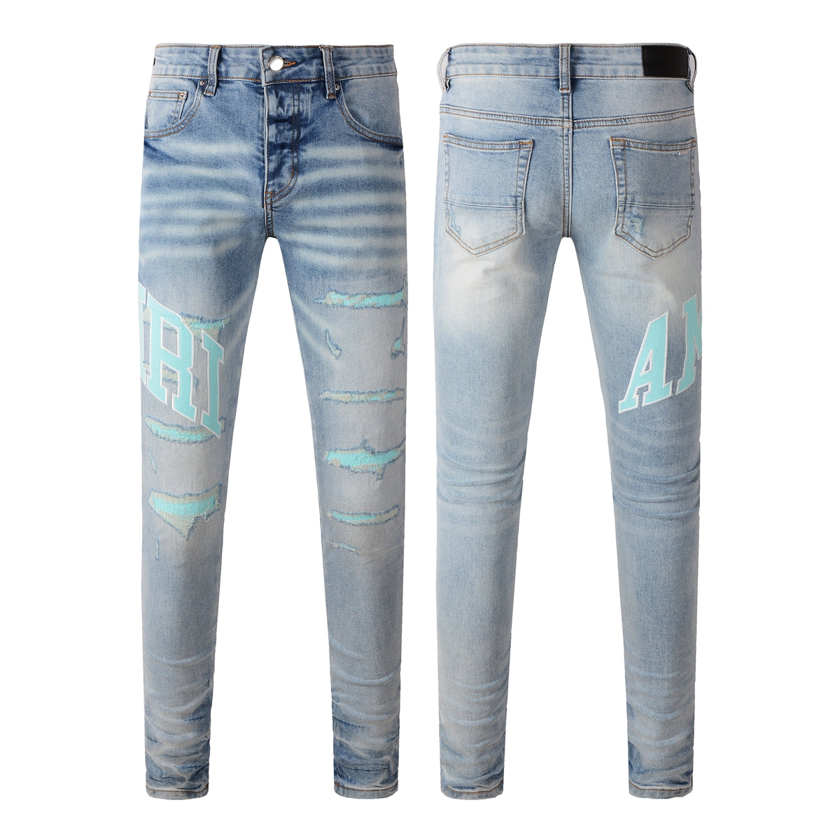 Men’s Mid Blue Skinny Jeans with Aqua Letter Print and Whisker Wash Distressing 8901