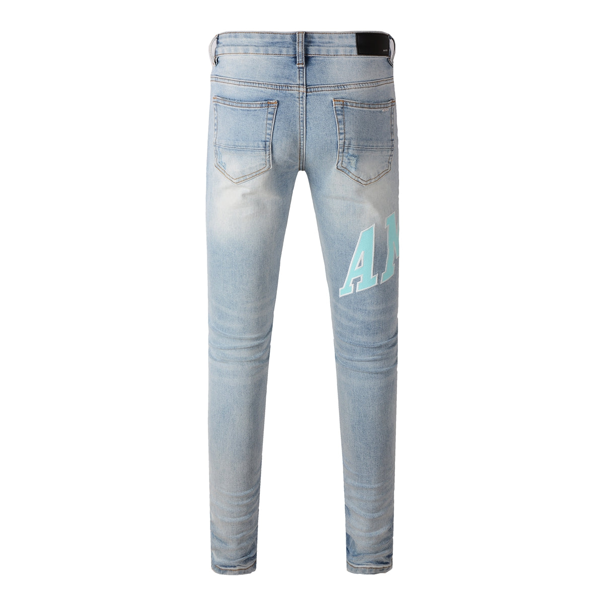 Men’s Mid Blue Skinny Jeans with Aqua Letter Print and Whisker Wash Distressing 8901