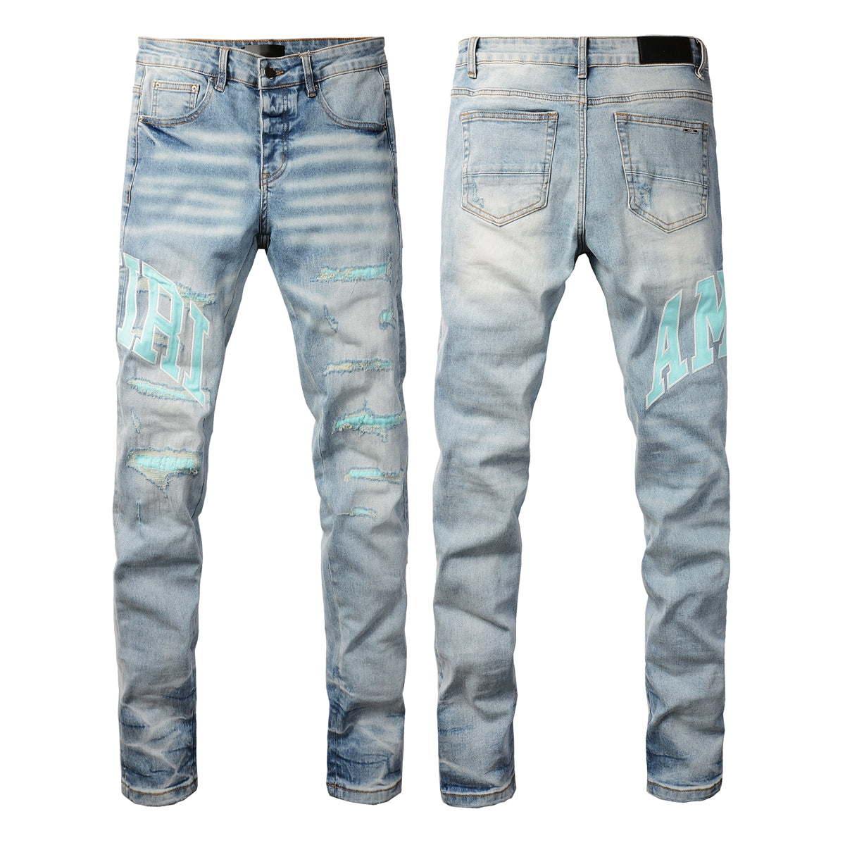 Men’s Mid Blue Skinny Jeans with Aqua Letter Print and Whisker Wash Distressing 8901
