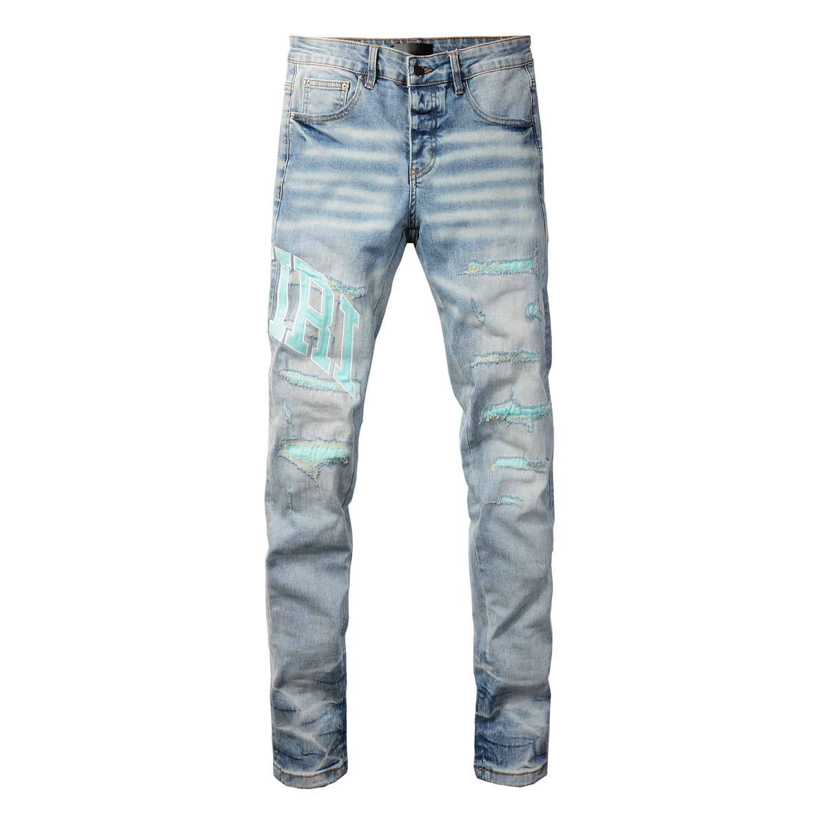 Men’s Mid Blue Skinny Jeans with Aqua Letter Print and Whisker Wash Distressing 8901