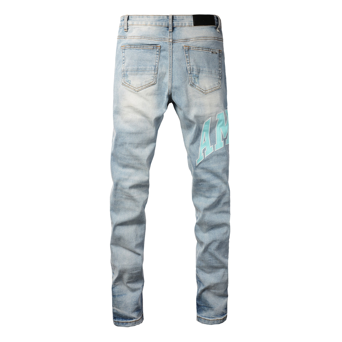 Men’s Mid Blue Skinny Jeans with Aqua Letter Print and Whisker Wash Distressing 8901