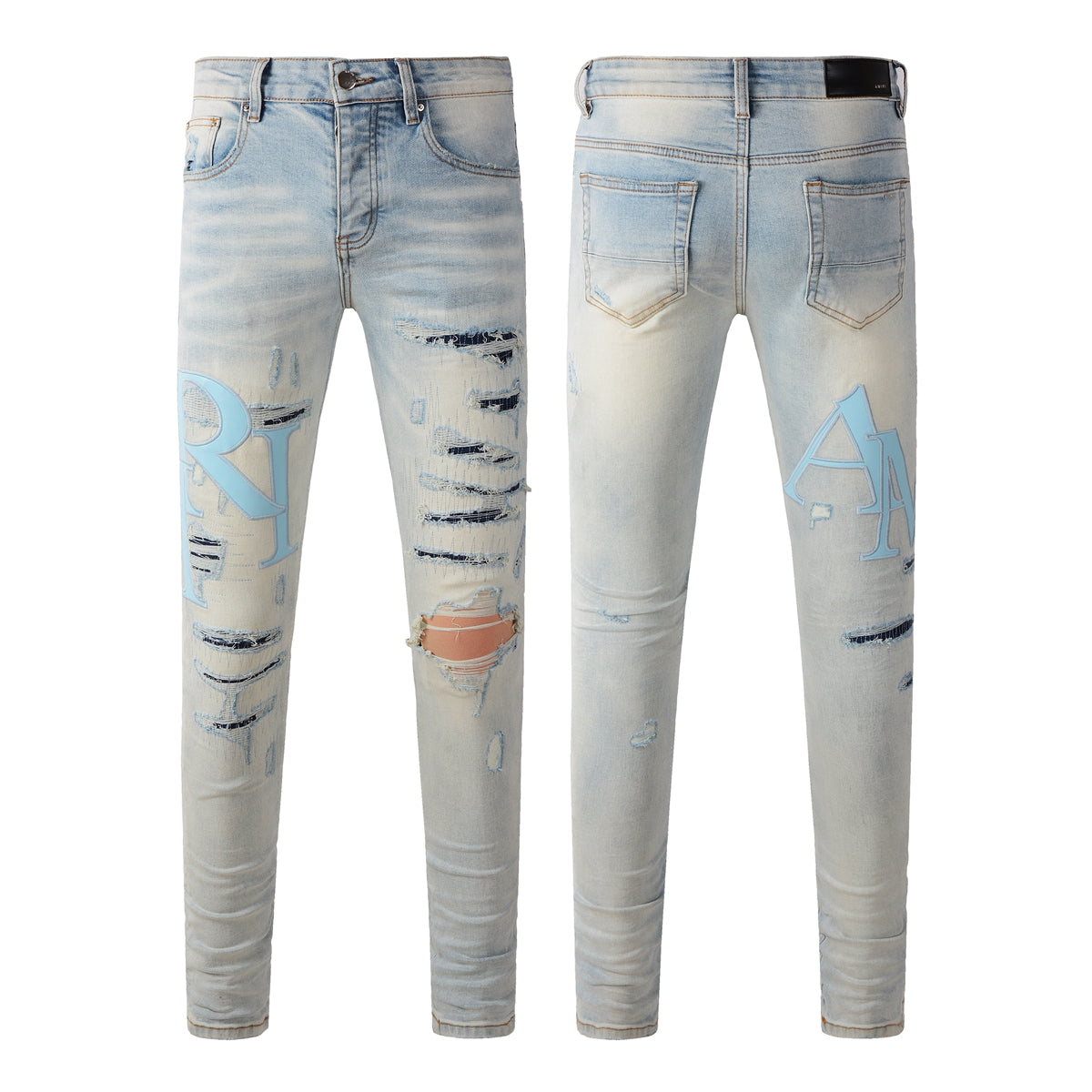 Men’s Light Blue Skinny Jeans with Sky Blue Letter Print and Heavy Distressing 8902