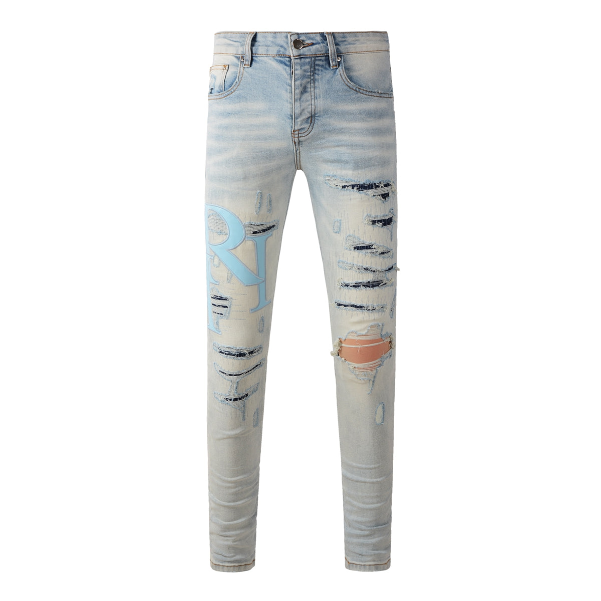 Men’s Light Blue Skinny Jeans with Sky Blue Letter Print and Heavy Distressing 8902