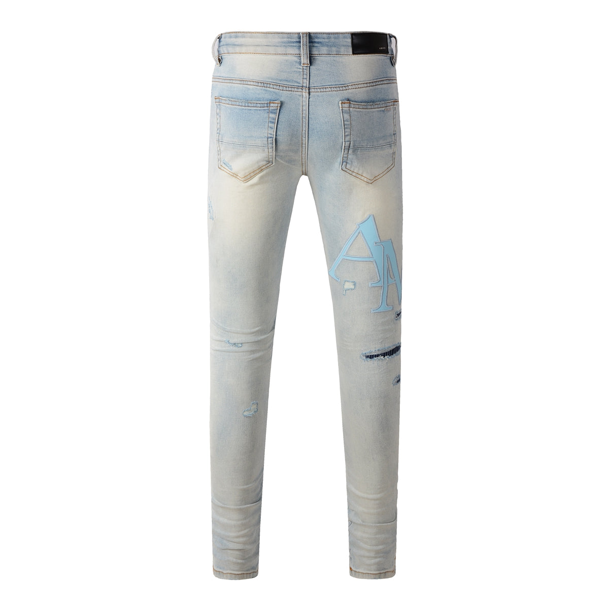Men’s Light Blue Skinny Jeans with Sky Blue Letter Print and Heavy Distressing 8902
