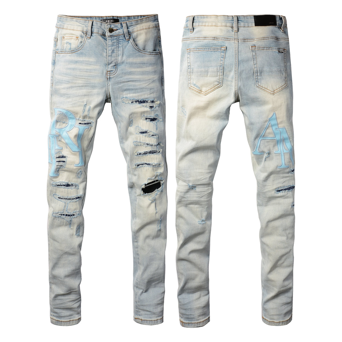 Men’s Light Blue Skinny Jeans with Sky Blue Letter Print and Heavy Distressing 8902