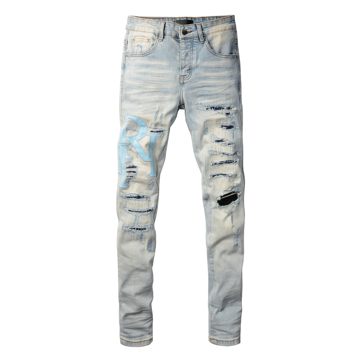 Men’s Light Blue Skinny Jeans with Sky Blue Letter Print and Heavy Distressing 8902