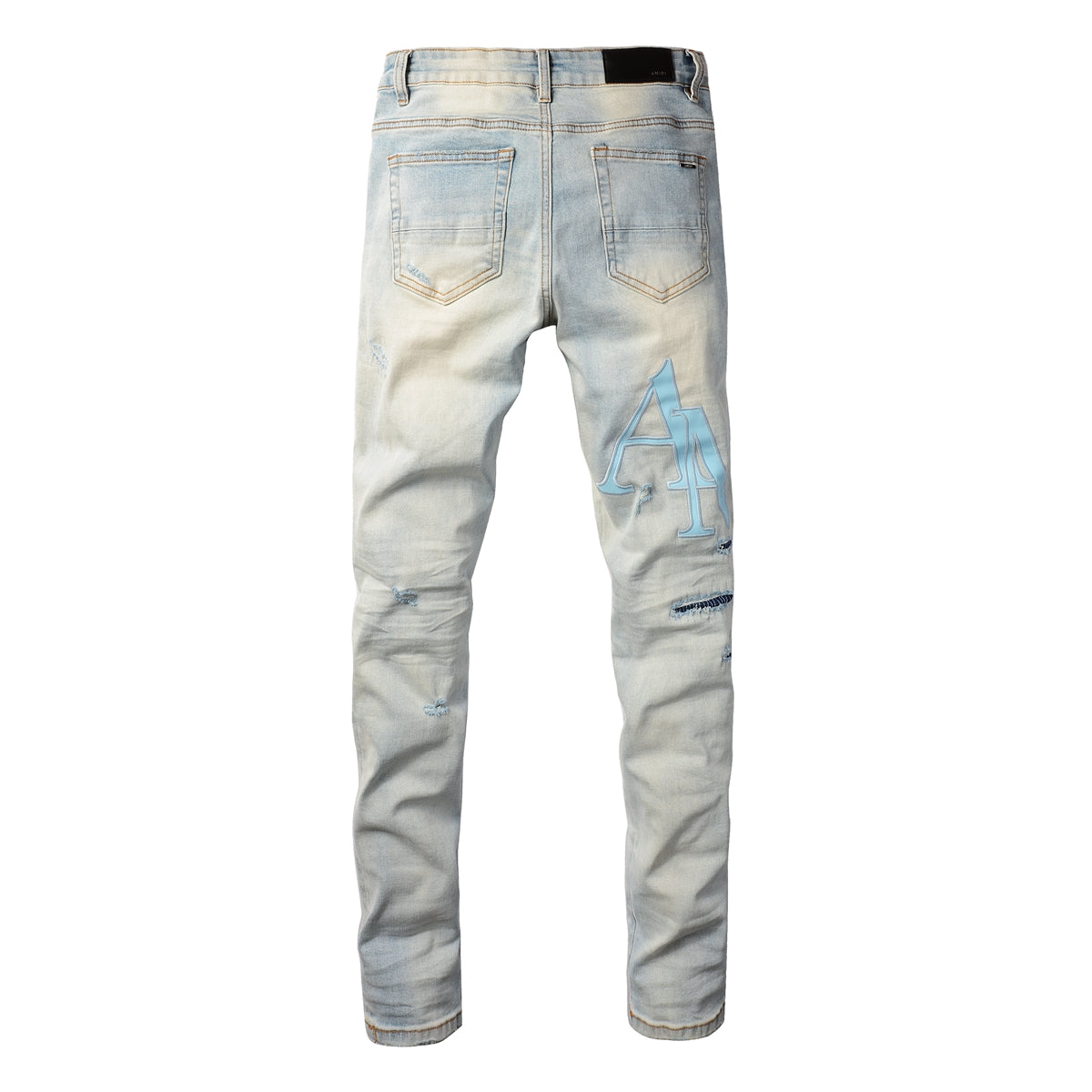 Men’s Light Blue Skinny Jeans with Sky Blue Letter Print and Heavy Distressing 8902
