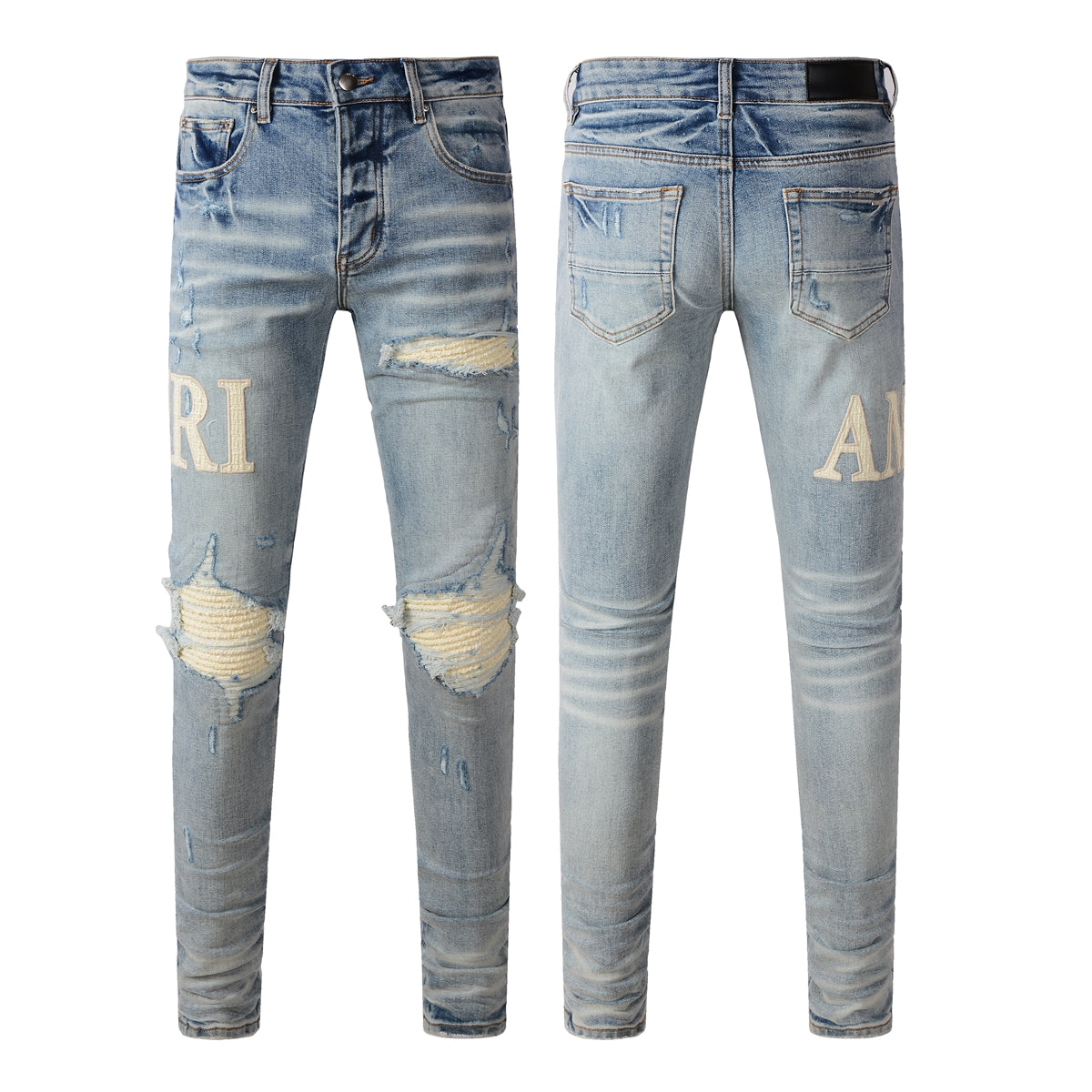 Men’s Mid Blue Skinny Jeans with Cream Letter Patch and Knee Rip Distressing 8905
